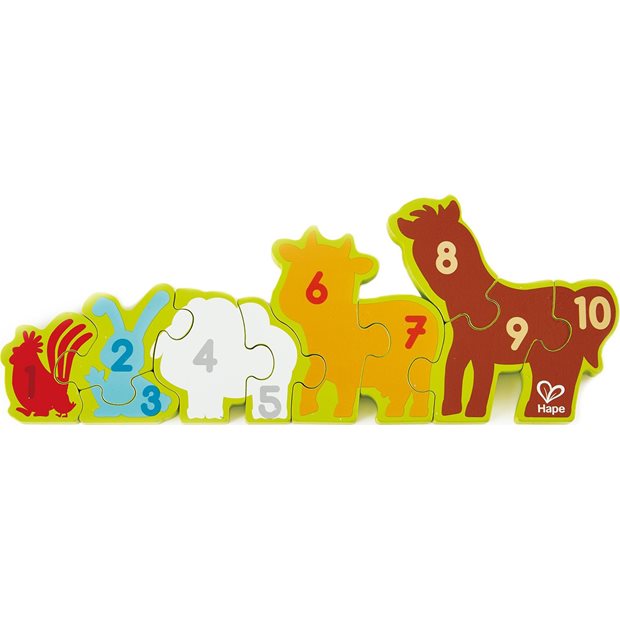 Ξυλινο Παζλ Hape Happy Puzzles Αριθμοι & Ζωακια Φαρμας 10pcs - E1628